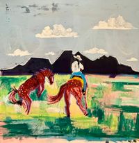 colorful horse painting with two riders, horses, distant mountains and soft clouds.
